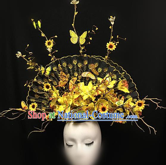 Top Halloween Yellow Flowers Giant Hair Accessories Stage Show Chinese Traditional Palace Catwalks Headpiece for Women