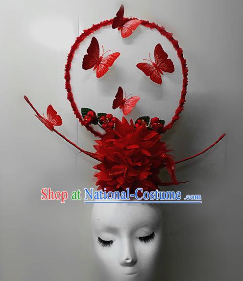 Top Halloween Red Feather Giant Hair Accessories Stage Show Chinese Traditional Palace Catwalks Headpiece for Women