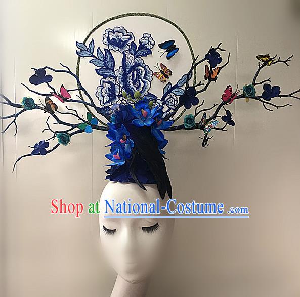 Top Halloween Blue Peony Giant Hair Accessories Stage Show Chinese Traditional Palace Catwalks Headpiece for Women