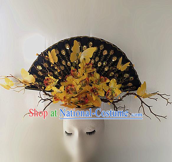 Top Halloween Yellow Butterfly Giant Hair Accessories Stage Show Chinese Traditional Palace Catwalks Headpiece for Women