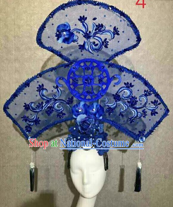 Asian Chinese Traditional Hair Accessories Catwalks Blue Embroidered Headdress for Women