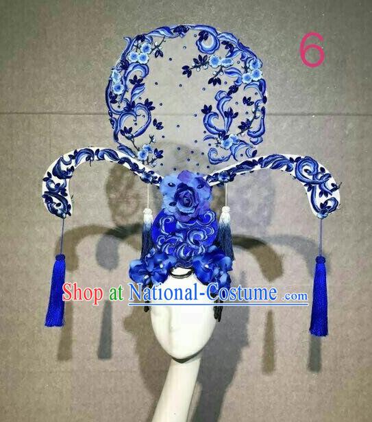 Asian Chinese Traditional Hair Accessories Catwalks Embroidered Blue Peony Headdress for Women