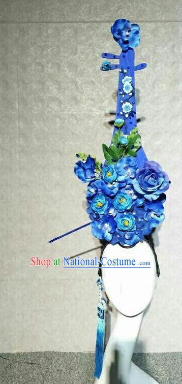 Asian Chinese Traditional Hair Accessories Catwalks Lute Blue Peony Headdress for Women