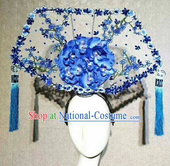 Asian Chinese Traditional Hair Accessories Catwalks Blue Embroidered Headdress for Women