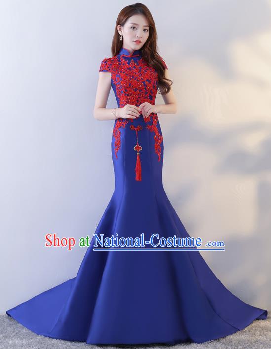 Chinese Traditional Cheongsam Elegant Royalblue Qipao Dress Compere Full Dress for Women