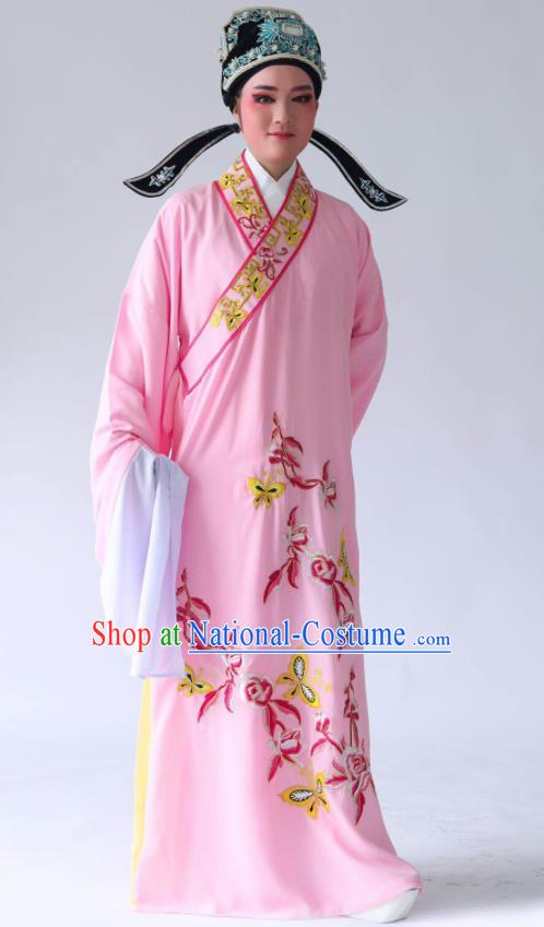 Chinese Traditional Beijing Opera Embroidered Peony Butterfly Pink Robe Ancient Scholar Costume for Men