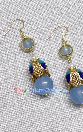 Chinese Traditional Hanfu Blue Bead Magnolia Earrings Ancient Princess Ear Accessories for Women