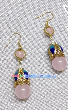 Chinese Traditional Hanfu Pink Bead Magnolia Earrings Ancient Princess Ear Accessories for Women