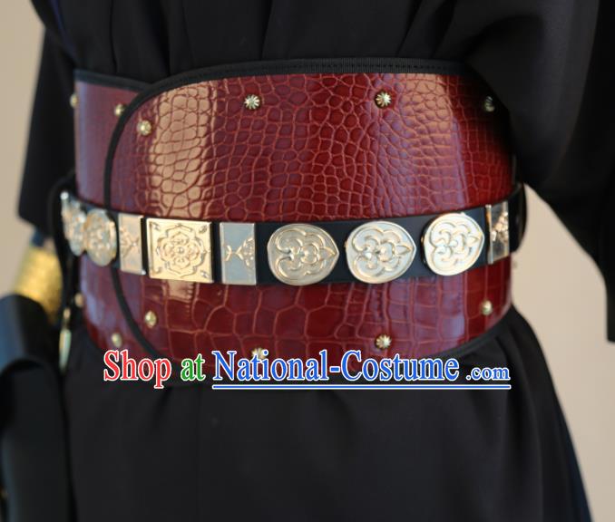 Chinese Traditional Hanfu Belts Ancient Ming Dynasty Swordsman Red Leather Waistband for Men