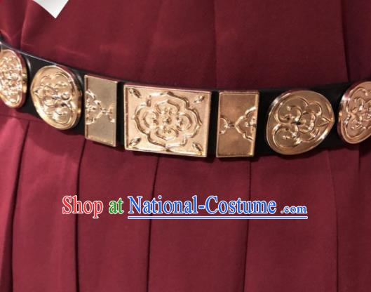 Chinese Traditional Hanfu Golden Belts Ancient Ming Dynasty Swordsman Leather Waistband for Men