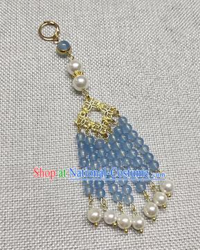 Chinese Traditional Hanfu Light Blue Beads Tassel Brooch Accessories Ancient Qing Dynasty Queen Breastpin Pendant for Women