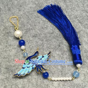 Chinese Traditional Hanfu Accessories Blueing Crane Brooch Tassel Pendant Ancient Qing Dynasty Queen Breastpin for Women