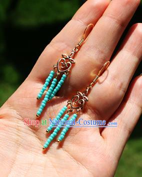 Chinese Traditional Hanfu Blue Beads Tassel Ear Accessories Ancient Qing Dynasty Princess Earrings for Women