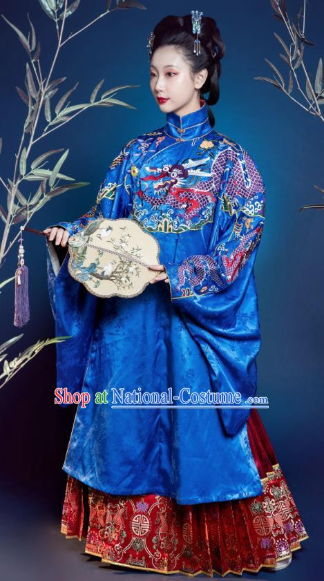 Traditional Chinese Ming Dynasty Countess Replica Costumes Ancient Court Queen Royalblue Silk Hanfu Dress for Women