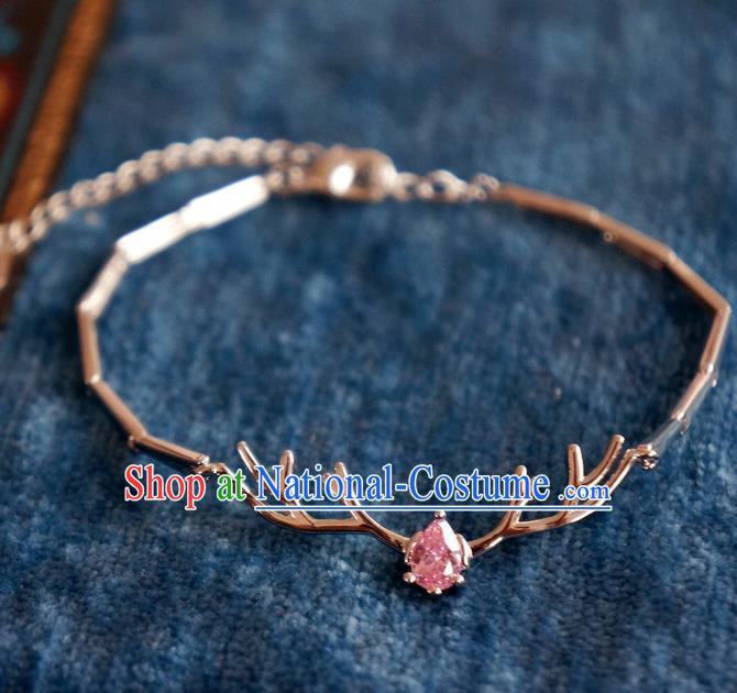 Chinese Traditional Hanfu Jewelry Accessories Pink Crystal Antler Bracelet Ancient Qing Dynasty Princess Bangle for Women