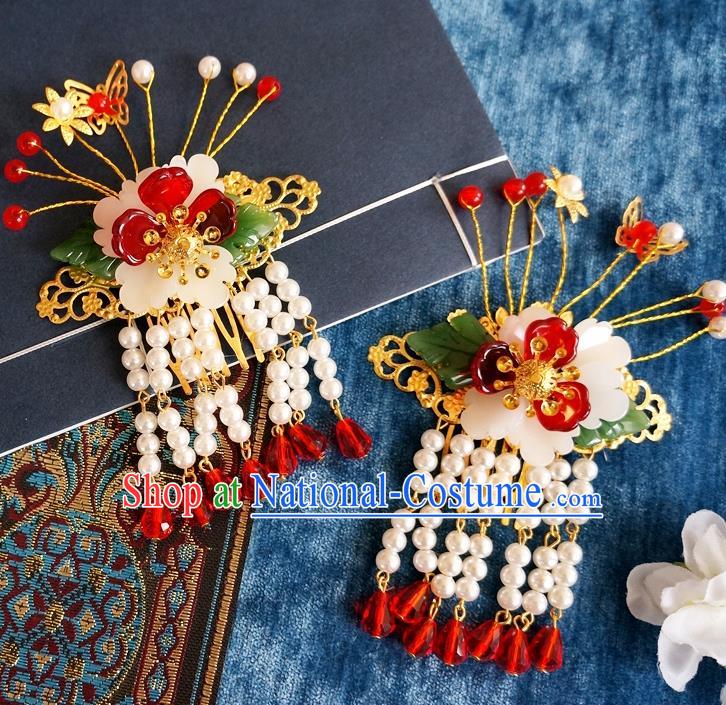 Chinese Ancient Ming Dynasty Princess Beads Tassel Hair Claws Hairpins Traditional Hanfu Court Hair Accessories for Women