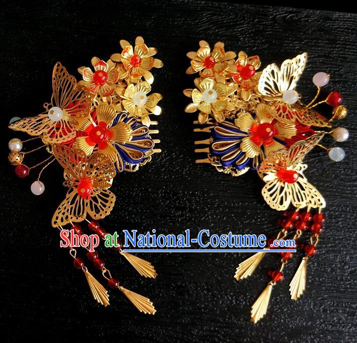 Chinese Ancient Ming Dynasty Princess Golden Butterfly Tassel Hair Combs Hairpins Traditional Hanfu Court Hair Accessories for Women