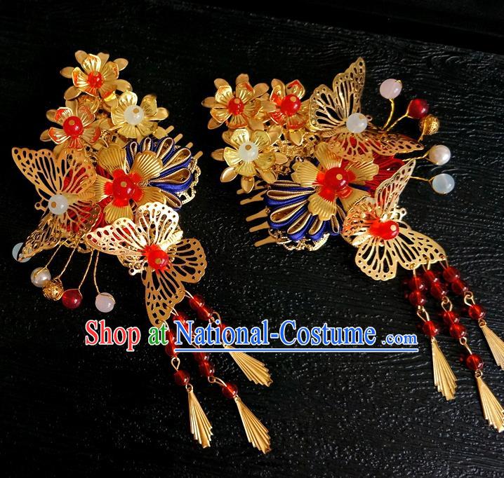 Chinese Ancient Ming Dynasty Princess Golden Butterfly Tassel Hair Combs Hairpins Traditional Hanfu Court Hair Accessories for Women