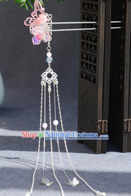 Chinese Ancient Ming Dynasty Princess Pink Butterfly Tassel Hairpins Traditional Hanfu Court Hair Accessories for Women