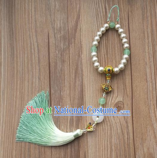 Chinese Traditional Hanfu Green Tassel Pearls Brooch Pendant Ancient Cheongsam Breastpin Accessories for Women