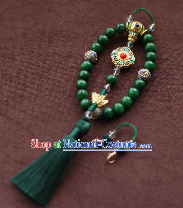 Chinese Traditional Hanfu Green Beads Tassel Brooch Pendant Ancient Cheongsam Breastpin Accessories for Women