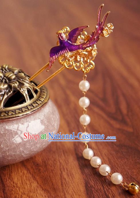 Chinese Ancient Princess Purple Bird Pearls Tassel Hairpins Traditional Hanfu Court Hair Accessories for Women