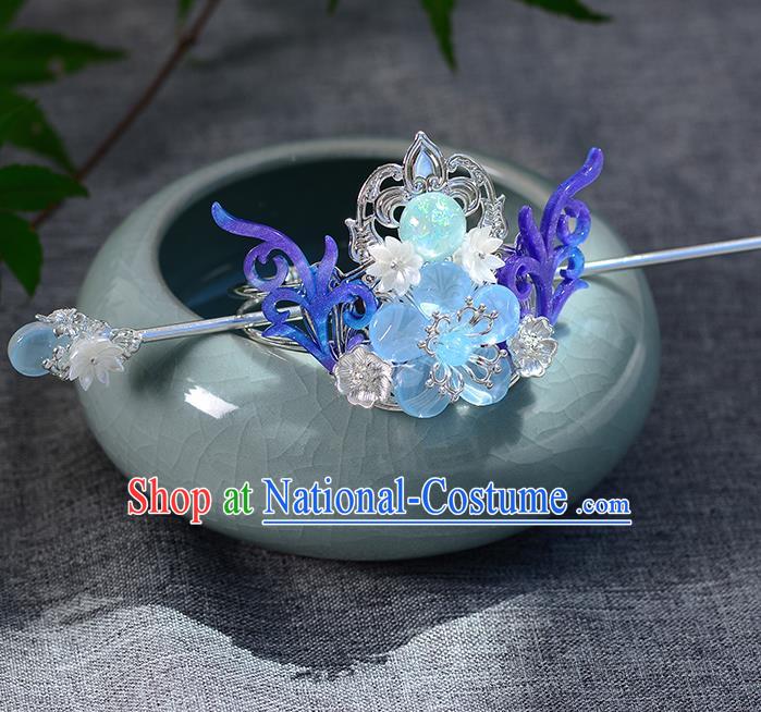 Chinese Ancient Tang Dynasty Palace Princess Blue Antler Hair Crown Hairpins Traditional Hanfu Court Hair Accessories for Women