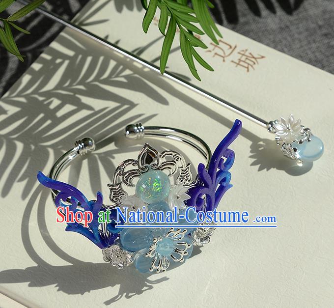 Chinese Ancient Tang Dynasty Palace Princess Blue Antler Hair Crown Hairpins Traditional Hanfu Court Hair Accessories for Women