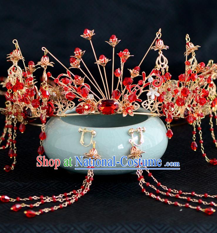 Chinese Ancient Tang Dynasty Palace Princess Red Phoenix Coronet Hairpins Traditional Hanfu Court Hair Accessories for Women