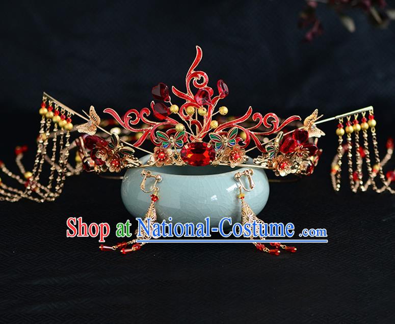 Chinese Ancient Tang Dynasty Palace Princess Red Crystal Phoenix Coronet Hairpins Traditional Hanfu Court Hair Accessories for Women