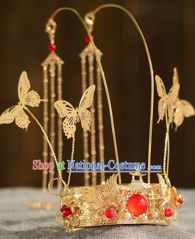 Chinese Ancient Tang Dynasty Princess Golden Phoenix Coronet Hairpins Traditional Hanfu Court Hair Accessories for Women