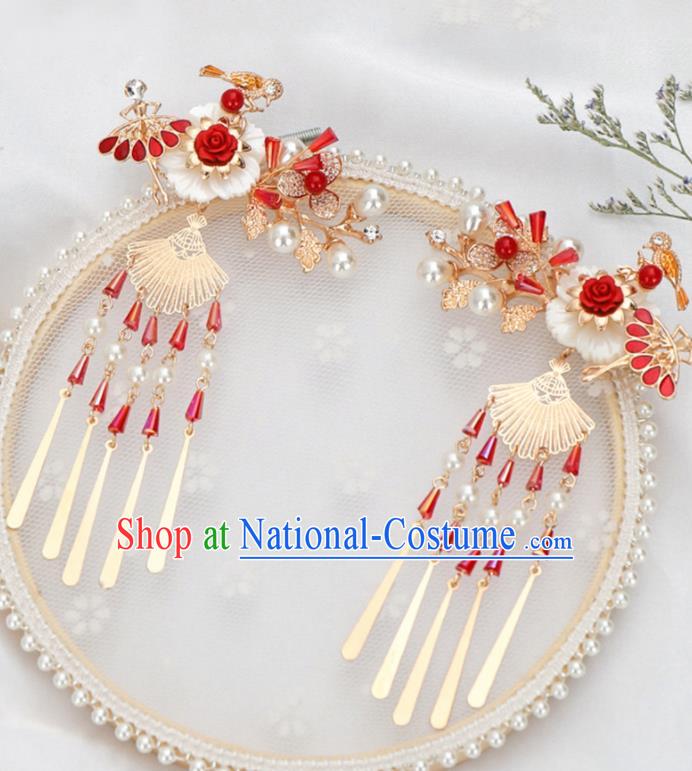 Chinese Ancient Ming Dynasty Princess Red Rose Hair Claws Hairpins Traditional Hanfu Court Hair Accessories for Women