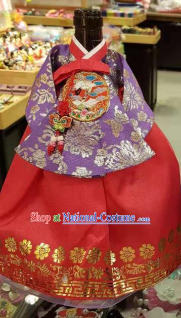 Traditional Korean Hanbok Clothing Purple Brocade Blouse and Red Dress Asian Korea Ancient Fashion Apparel Costume for Kids