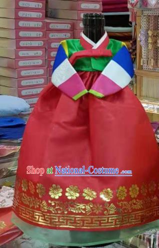 Traditional Korean Hanbok Clothing Green Brocade Blouse and Red Dress Asian Korea Ancient Fashion Apparel Costume for Kids