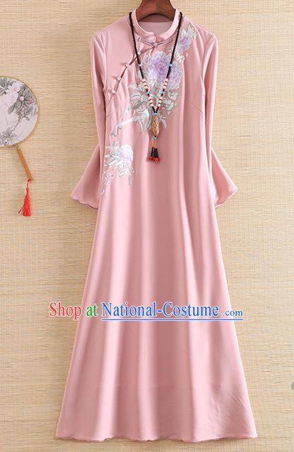 Chinese Traditional Tang Suit Embroidered Peony Pink Cheongsam National Costume Qipao Dress for Women