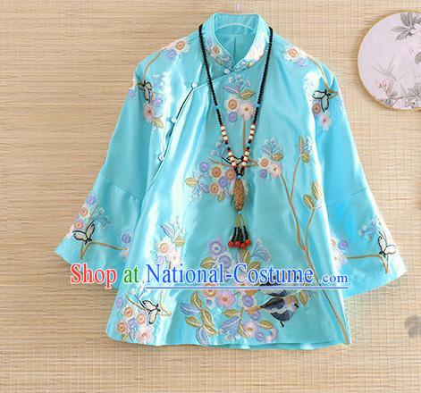 Chinese Traditional Tang Suit Embroidered Flowers Birds Blue Blouse National Costume Qipao Upper Outer Garment for Women