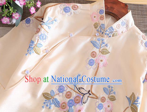 Chinese Traditional Tang Suit Embroidered Flowers Birds Apricot Blouse National Costume Qipao Upper Outer Garment for Women