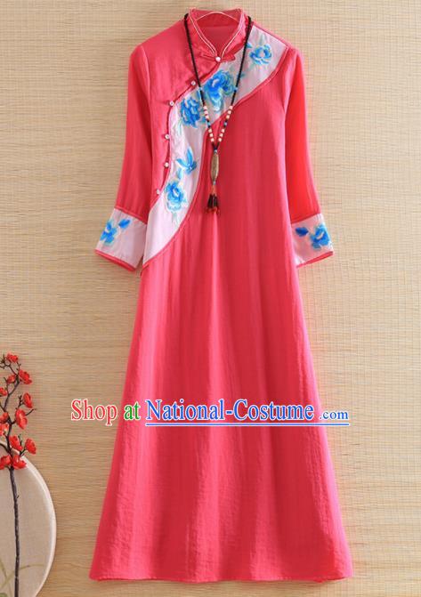 Chinese Traditional Tang Suit Embroidered Peony Peach Pink Cheongsam National Costume Qipao Dress for Women