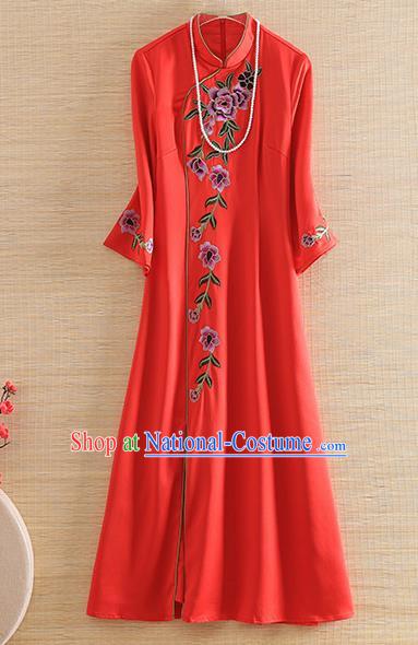 Chinese Traditional Tang Suit Embroidered Peony Red Cheongsam National Costume Qipao Dress for Women