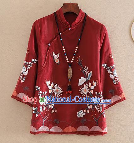 Chinese Traditional Tang Suit Embroidered Chrysanthemum Dark Red Shirt National Costume Qipao Upper Outer Garment for Women