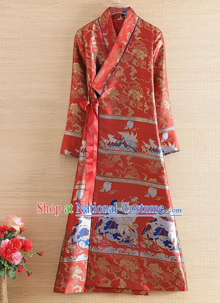 Chinese Traditional Tang Suit Red Brocade Cheongsam National Costume Qipao Dress for Women