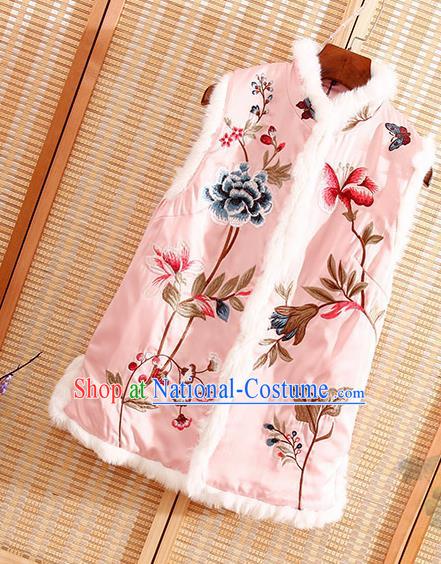 Chinese Traditional Embroidered Peony Pink Vest National Dress Embroidery Waistcoat for Women