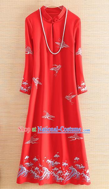 Chinese Traditional Red Cheongsam National Costume Embroidered Qipao Dress for Women