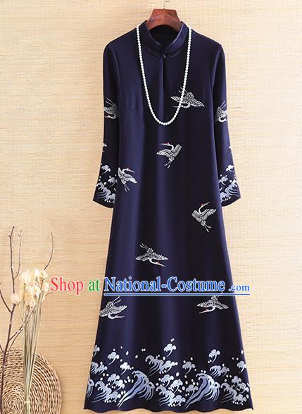 Chinese Traditional Navy Cheongsam National Costume Embroidered Qipao Dress for Women