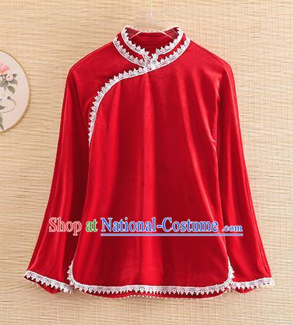 Chinese Traditional Red Velvet Blouse National Costume Qipao Upper Outer Garment for Women