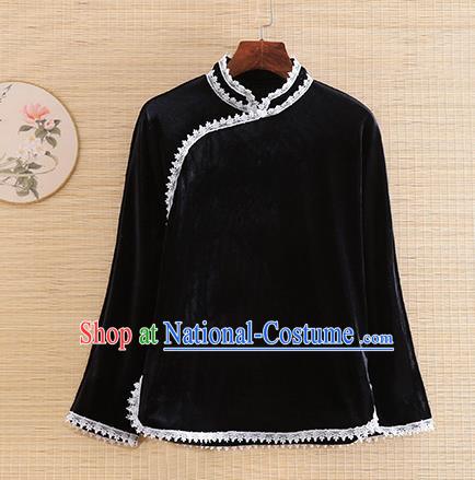 Chinese Traditional Black Velvet Blouse National Costume Qipao Upper Outer Garment for Women