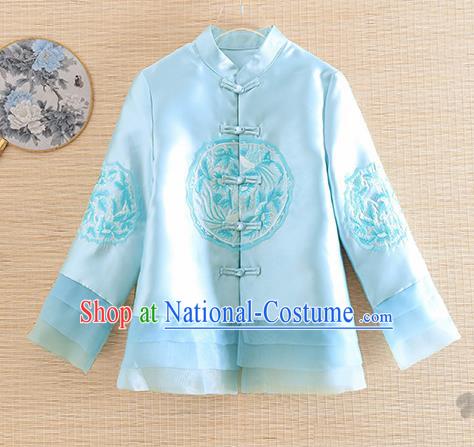 Chinese Traditional Embroidered Blue Jacket National Costume Qipao Upper Outer Garment for Women