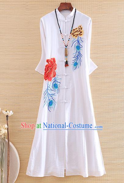 Chinese Traditional Embroidered Phoenix Peony White Cheongsam National Costume Qipao Dress for Women