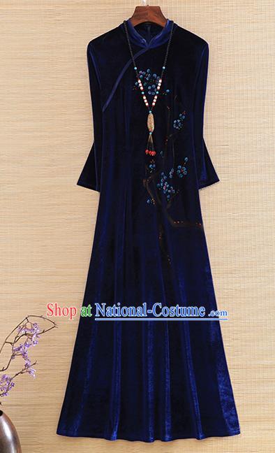 Chinese Traditional Royalblue Velvet Cheongsam National Costume Qipao Dress for Women