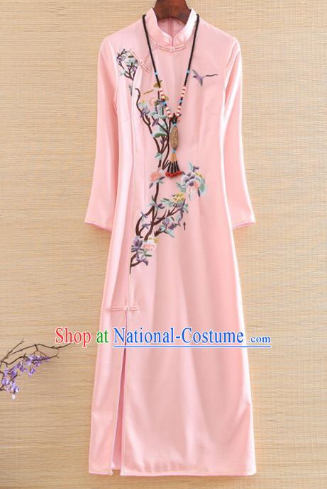 Chinese Traditional Embroidered Peony Pink Cheongsam National Costume Qipao Dress for Women